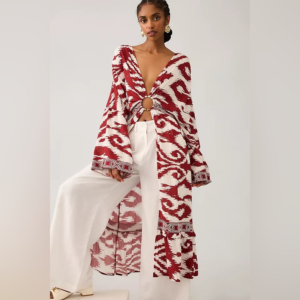 Anthropologie Red and White Printed Swim Coverup Duster